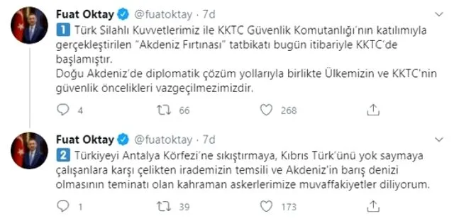 Son Dakika: Cumhurbaşkanı Yardımcısı Fuat Oktay: Akdeniz Fırtınası tatbikatı bugün itibarıyla KKTC'de başladı