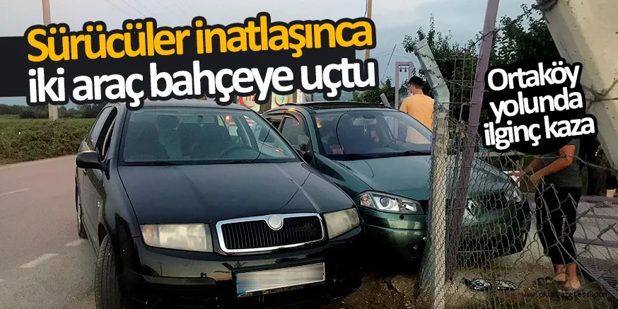 Sürücülerin inatlaşması ile iki araç bahçeye uçtu