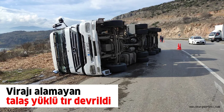 Virajı alamayan talaş yüklü tır devrildi