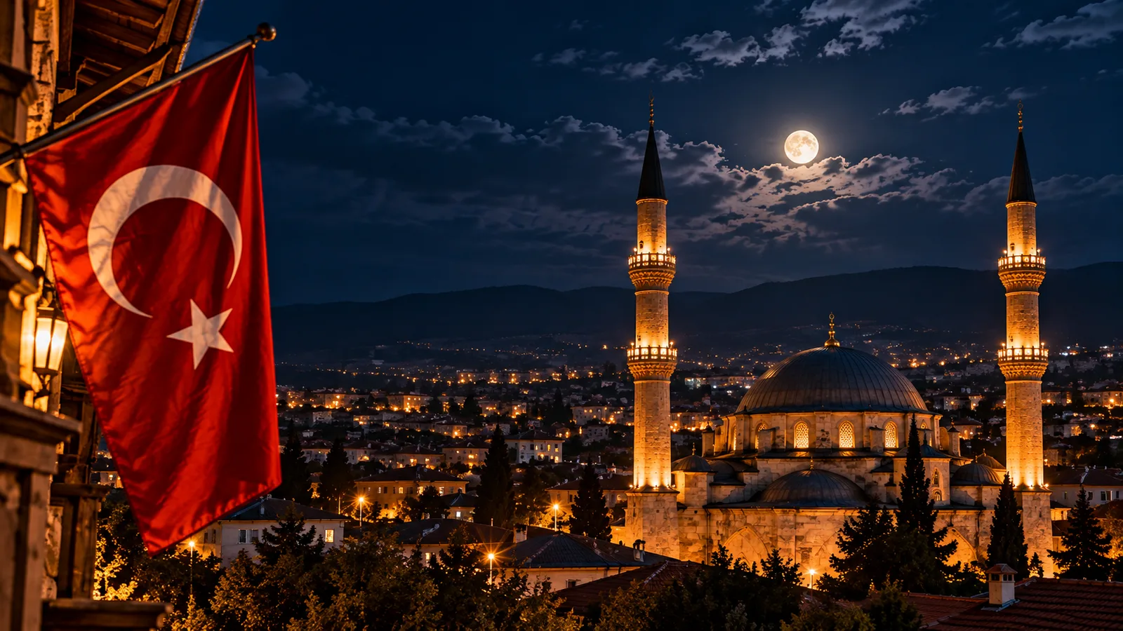 İnegöl’de gece, Türk bayrağı yanında ışıkları yanan cami ve dolunaylı şehir