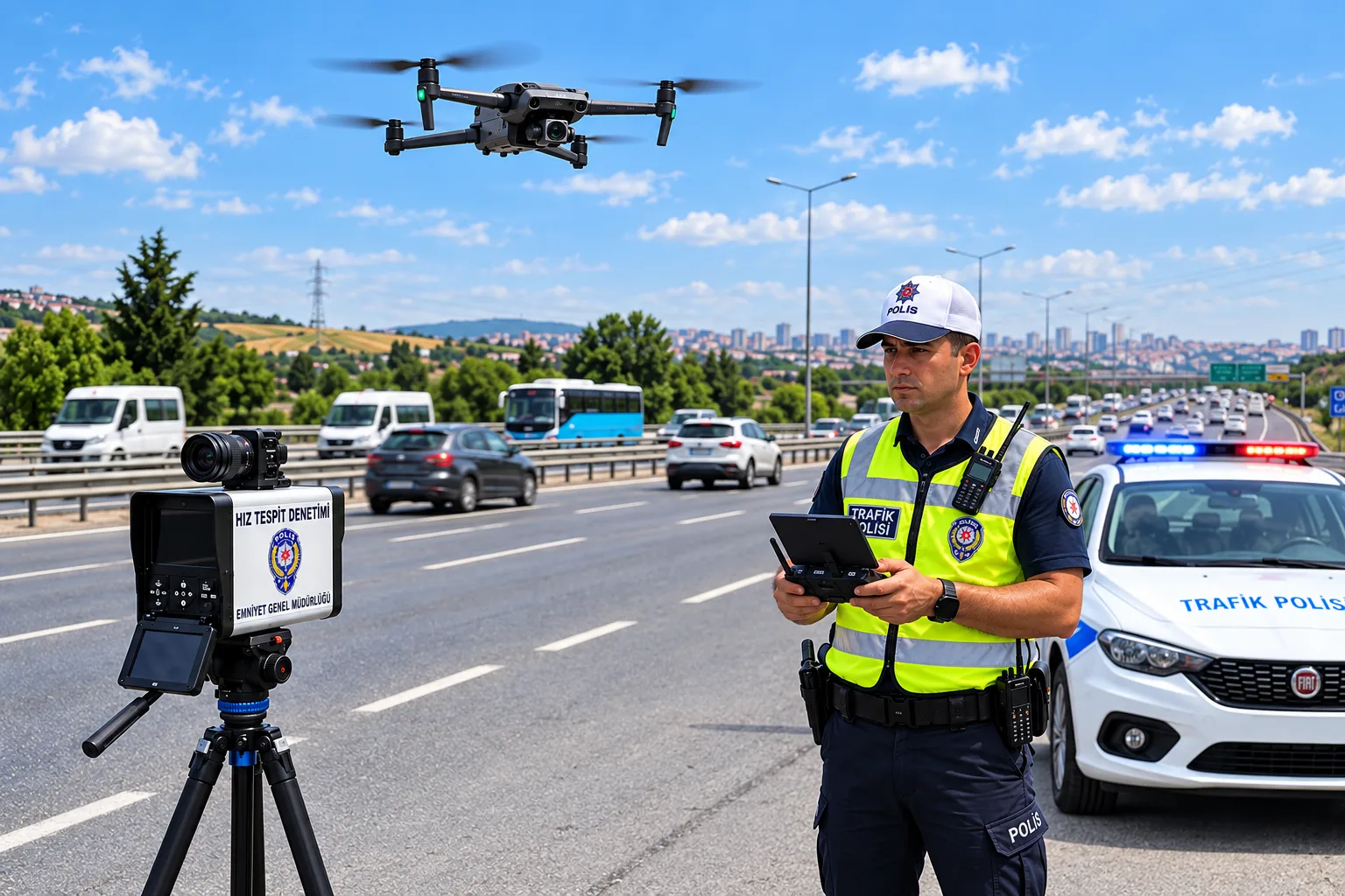 Trafik polisi, otoyolda hız tespit cihazı ve drone ile denetim yapıyor.