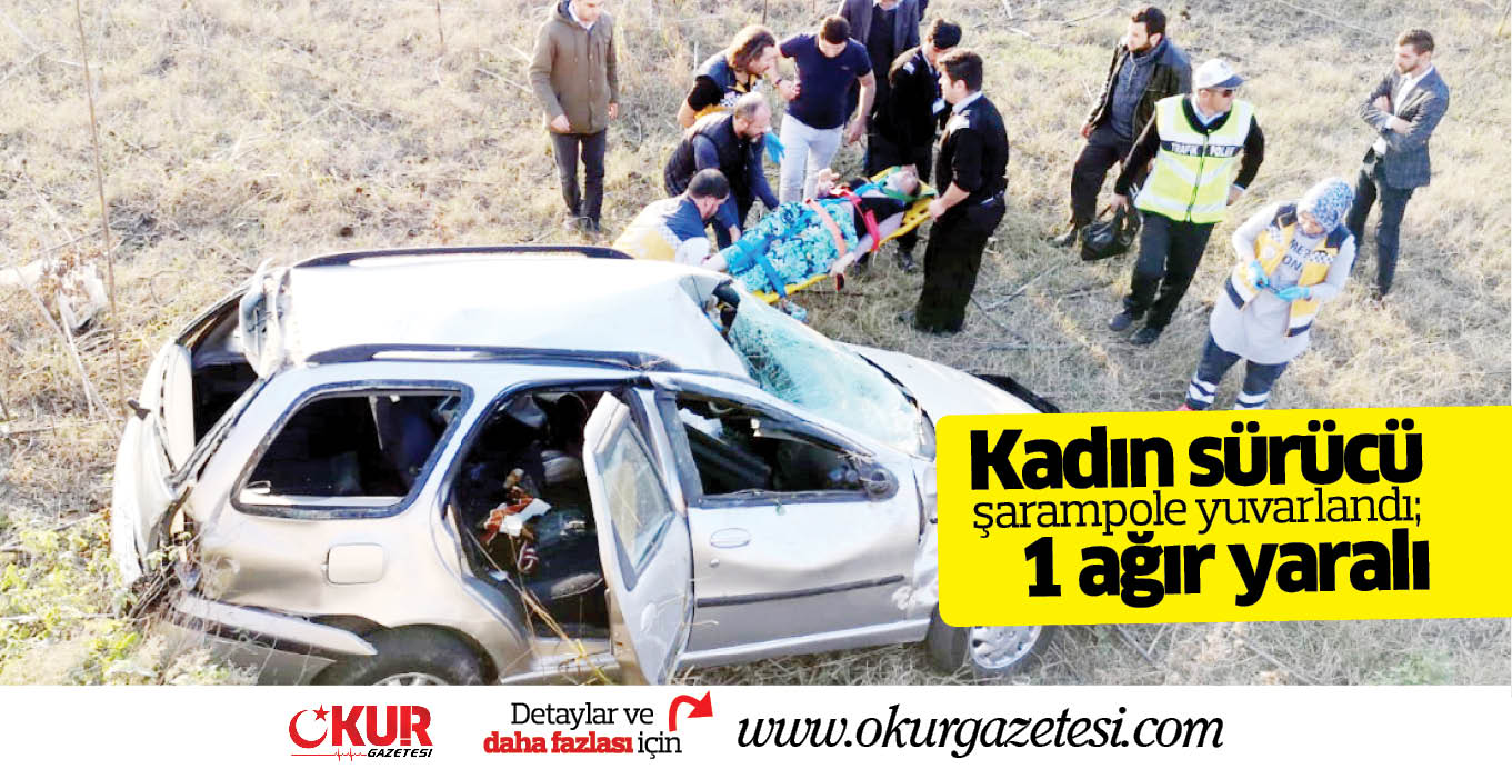 Kadın sürücü şarapole yuvarlandı; 1 ağır yaralı