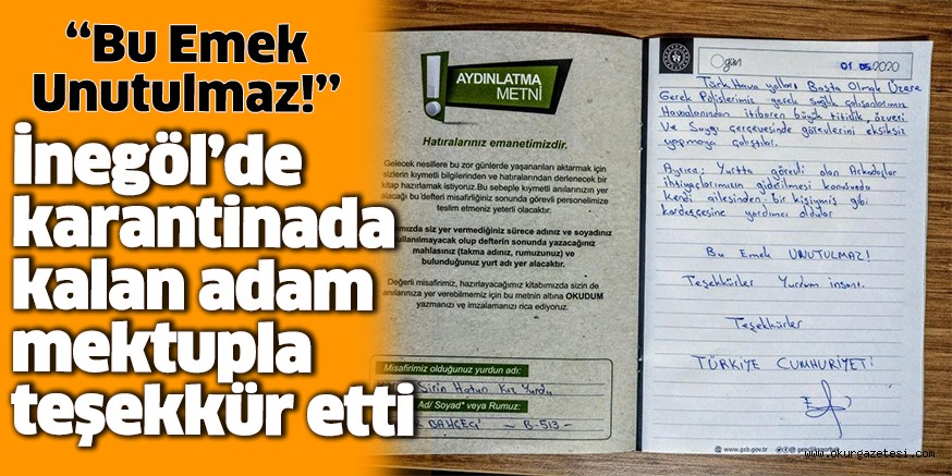 İnegöl’de karantinada kalan adam mektupla teşekkür etti