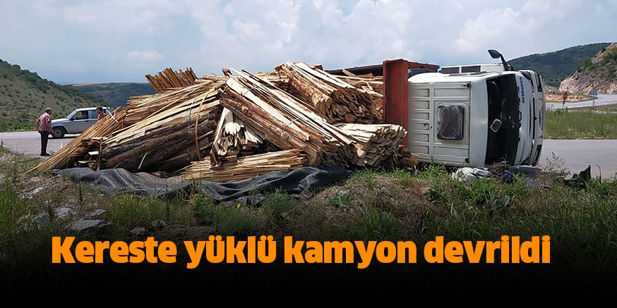 Kereste yüklü kamyon devrildi
