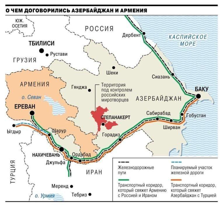 Haritaya göre siyah çizgi demiryolu hatlarını, mavi çizgi planlanan hatları, yeşil çizgi Rusya-Ermenistan-İran bağlantısını, turuncu ise, Azerbaycan-Türkiye bağlantısını gösteriyor.