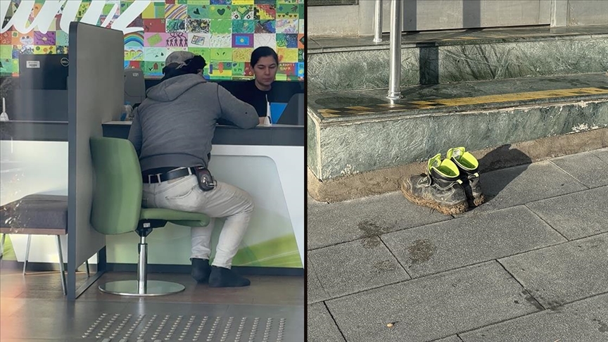 İnşaat işçisi banka şubesine çamurlu ayakkabısını çıkarıp girdi