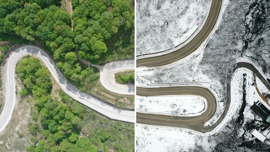 Uludağ’ın kıvrımlı yollarında kışın beyazı baharın yeşili aynı karede buluştu