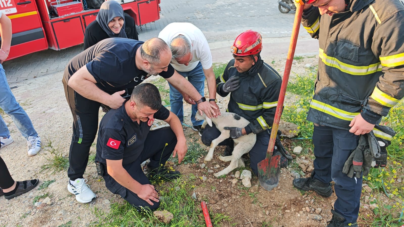 Sıkışan kuzu ekiplerce kuyudan çıkarıldı